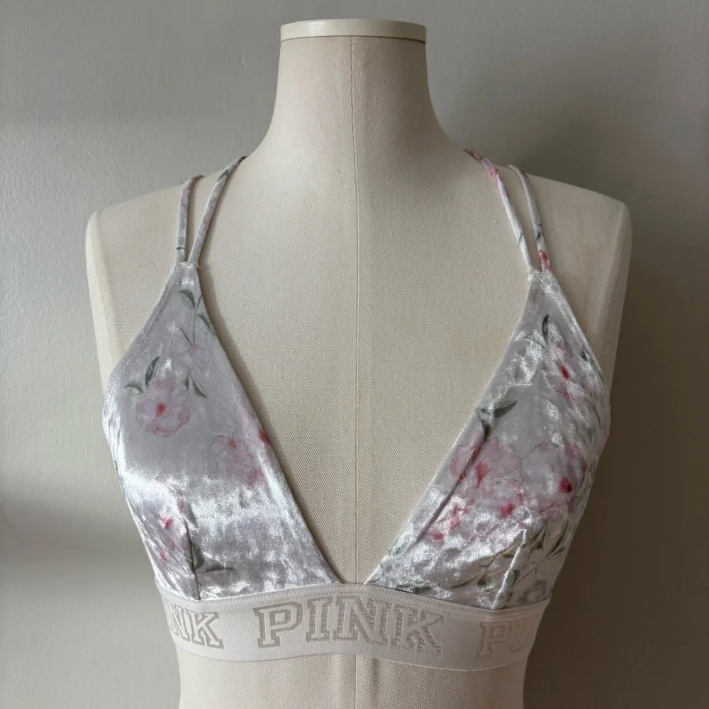 PINK by Victoria’s Secret Velour Floral Racerback Bra XS White Pink - Picture 3 of 10